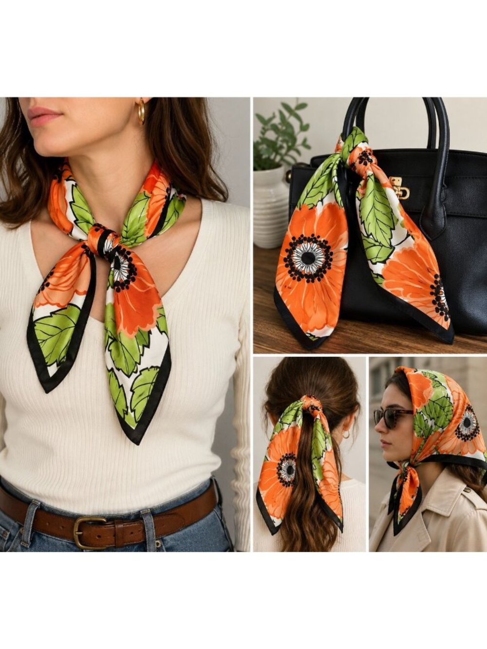 Vintage Talbots 100% Silk Floral Scarf Orange Green White Square 26x26 Retro